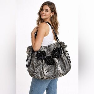 Snake Print Patent Leather Shoulder Bag Oversize Floral Appliqué Statement Purse